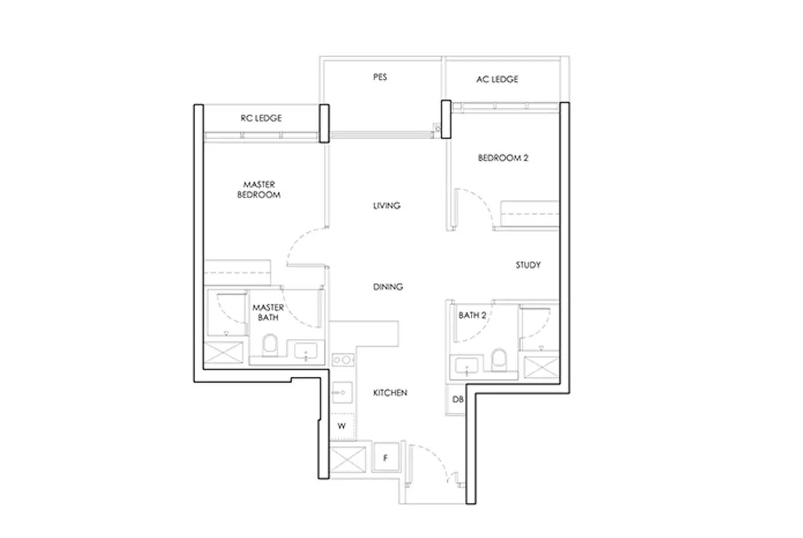 Bayshore Drive Residences 2-bedroom floor plan — 2-bedroom (with study) indicative layout — master bedroom, bedroom 2, study nook, two bathrooms and an open kitchen