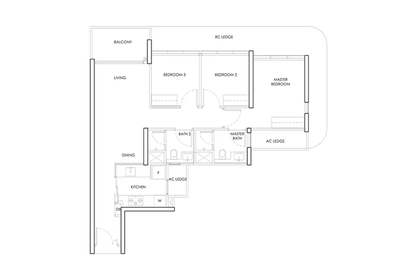 Bayshore Drive Residences 3-bedroom floor plan — 3-bedroom indicative layout — master bedroom with ensuite, two bedrooms, balcony off the living area and a separate kitchen