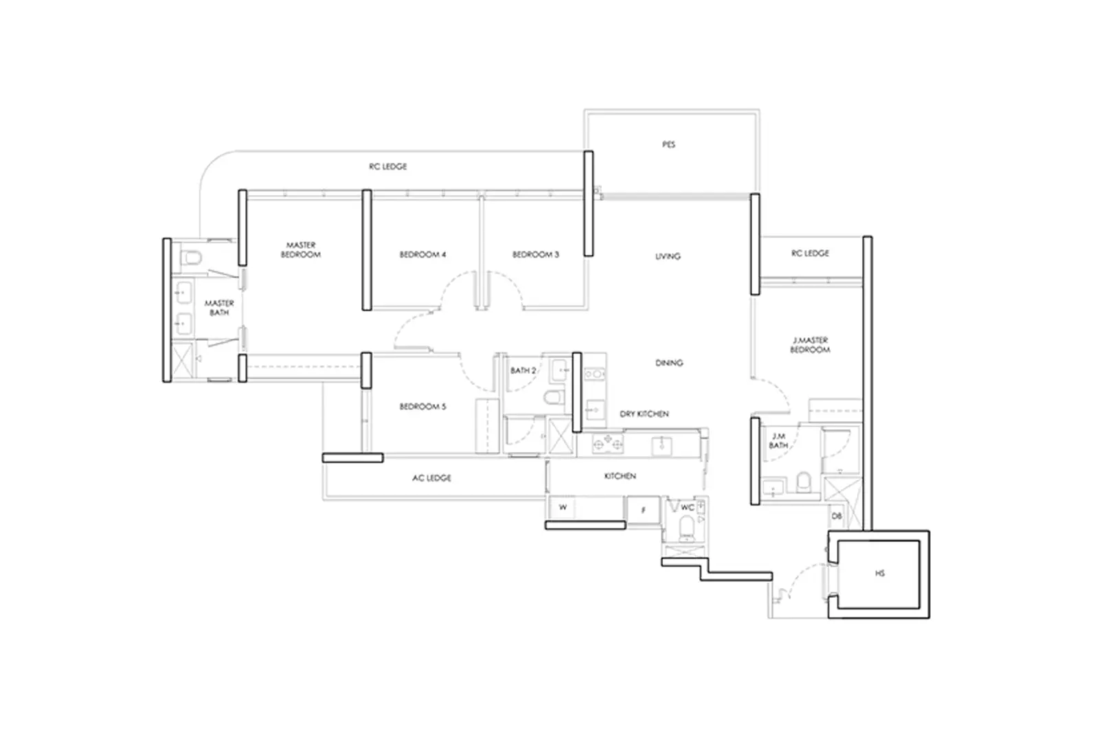 Bayshore Drive Residences 5-bedroom floor plan — 5-bedroom indicative layout — master suite, junior master, three further bedrooms, dry and wet kitchen, WC and household shelter