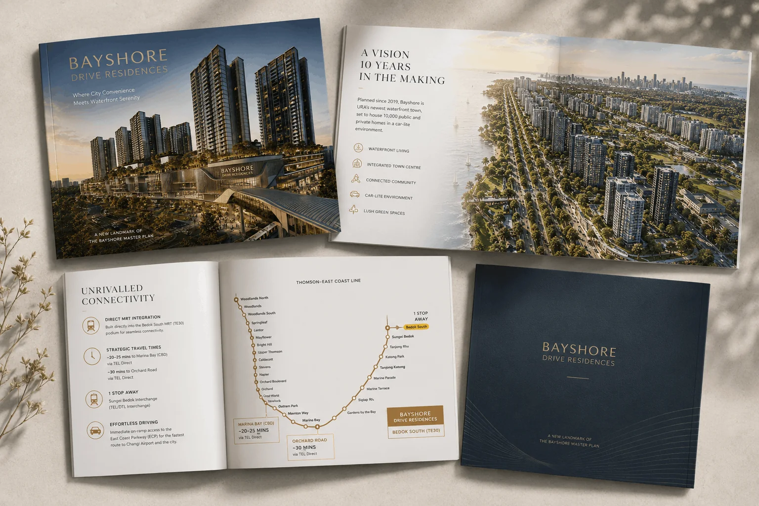 Bayshore Drive Residences e-brochure — cover, precinct vision spread and Thomson-East Coast Line connectivity pages