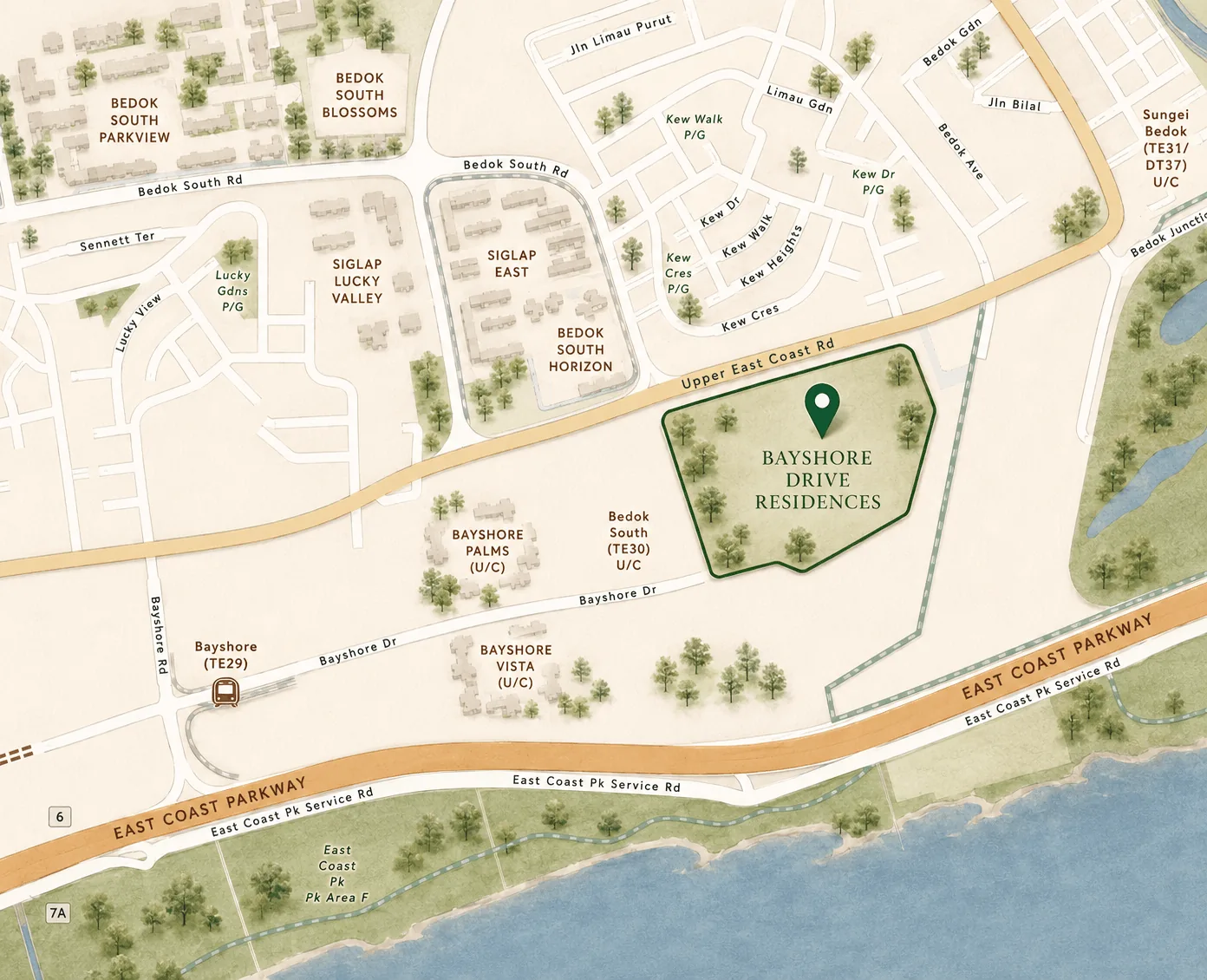 Location map of Bayshore Drive Residences in District 16 — bounded by Upper East Coast Road and Bayshore Drive, beside Bedok South MRT (TE30), between Bayshore MRT (TE29) and the upcoming Sungei Bedok interchange (TE31/DT37), with direct East Coast Parkway access and East Coast Park across the expressway