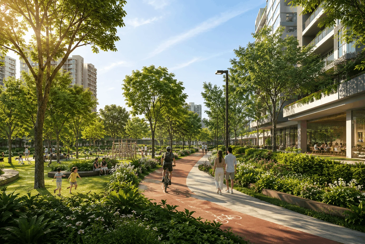 Bayshore master plan aerial — the 60-hectare waterfront town with Bayshore Drive Residences at its centre, East Coast Park and the proposed Long Island coastal project beyond